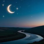 A serene night sky with a crescent moon and twinkling stars, casting a peaceful glow over a tranquil landscape of rolling hills and a calm, meandering river
