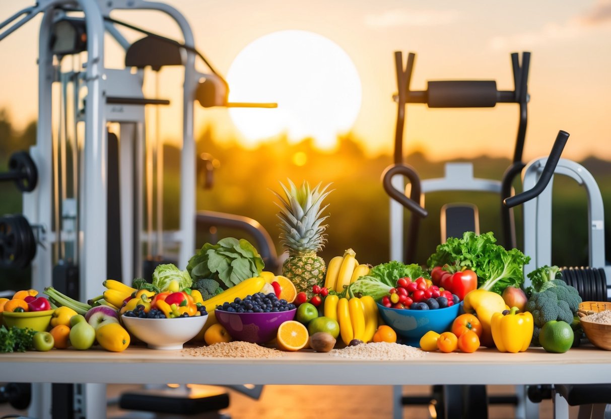 A table filled with colorful fruits, vegetables, and whole grains, surrounded by a variety of exercise equipment and a glowing sun in the background