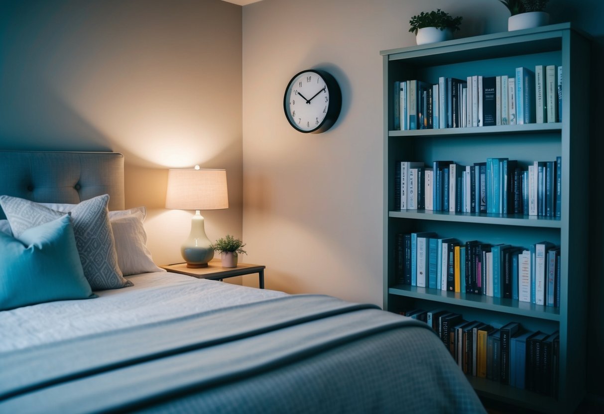 A serene bedroom with a cozy bed, dim lighting, and calming decor. A bookshelf filled with self-help and wellness books. A clock showing a peaceful bedtime hour