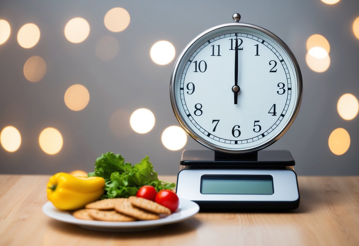 A clock showing different times of day with healthy food and a scale