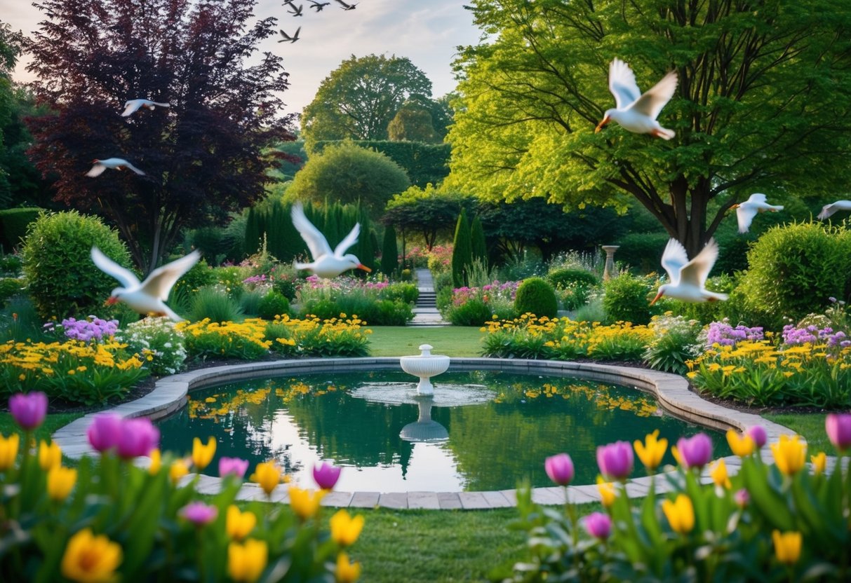 A peaceful garden with blooming flowers and a serene pond, surrounded by trees and birds in flight, evoking a sense of gratitude and tranquility