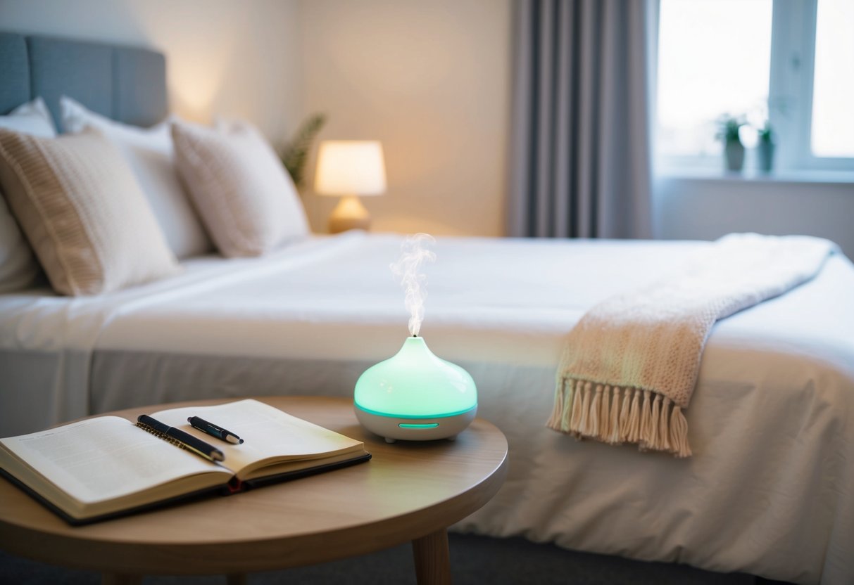 A serene bedroom with soft lighting, a cozy bed, and calming decor. A journal and pen sit on the nightstand, while a soothing essential oil diffuser fills the air