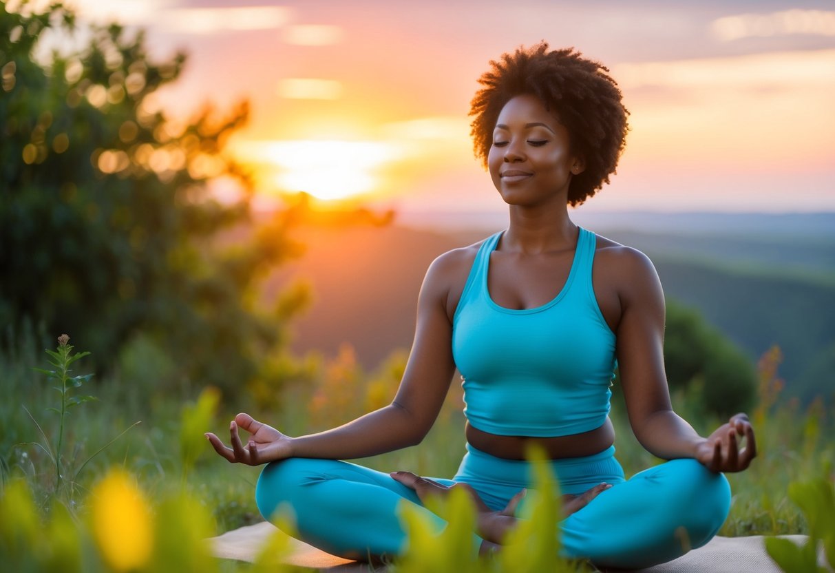A person surrounded by nature, with a vibrant sunrise or sunset, practicing yoga or meditation with a peaceful expression