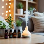 A cozy room with soft lighting, filled with various aromatic plants and essential oil diffusers emitting soothing scents