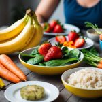 A table filled with colorful, low FODMAP foods: bananas, strawberries, carrots, spinach, and rice. A happy, relaxed atmosphere with no signs of bloating