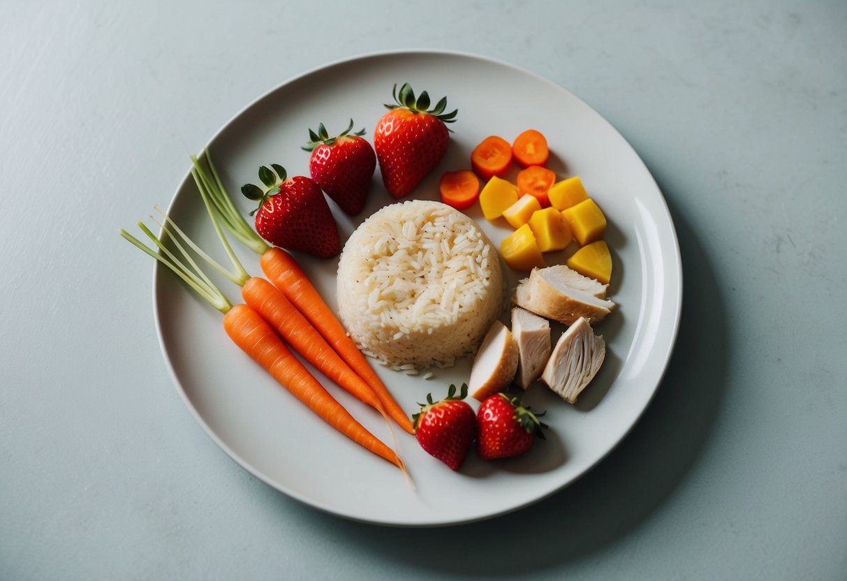 A simple, clean plate with a variety of colorful, low FODMAP foods, such as carrots, strawberries, chicken, and rice, arranged in an aesthetically pleasing manner
