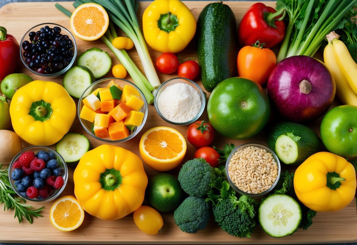 A colorful array of fresh fruits, vegetables, lean proteins, and whole grains arranged on a wooden cutting board