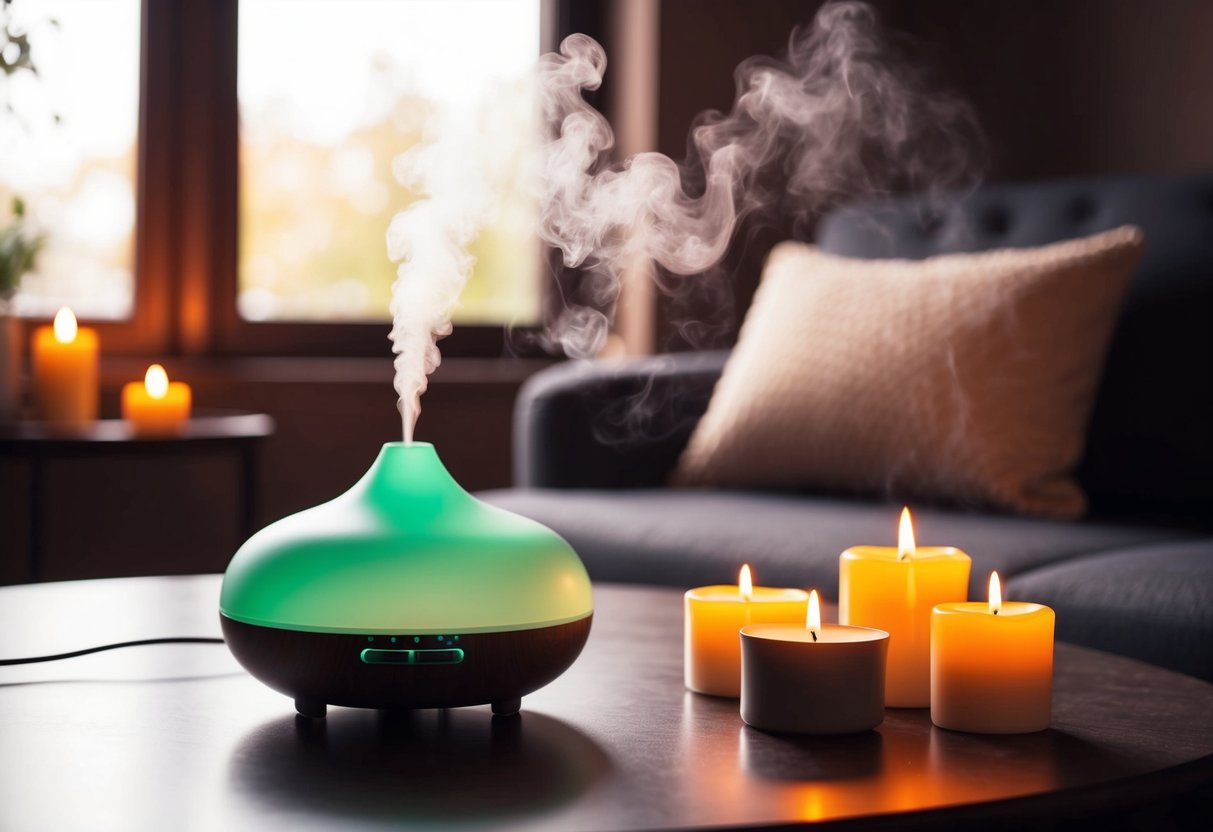 Aromatherapy scene: A diffuser emits fragrant mist, filling a cozy room with calming scents. A warm glow from candles enhances the tranquil atmosphere