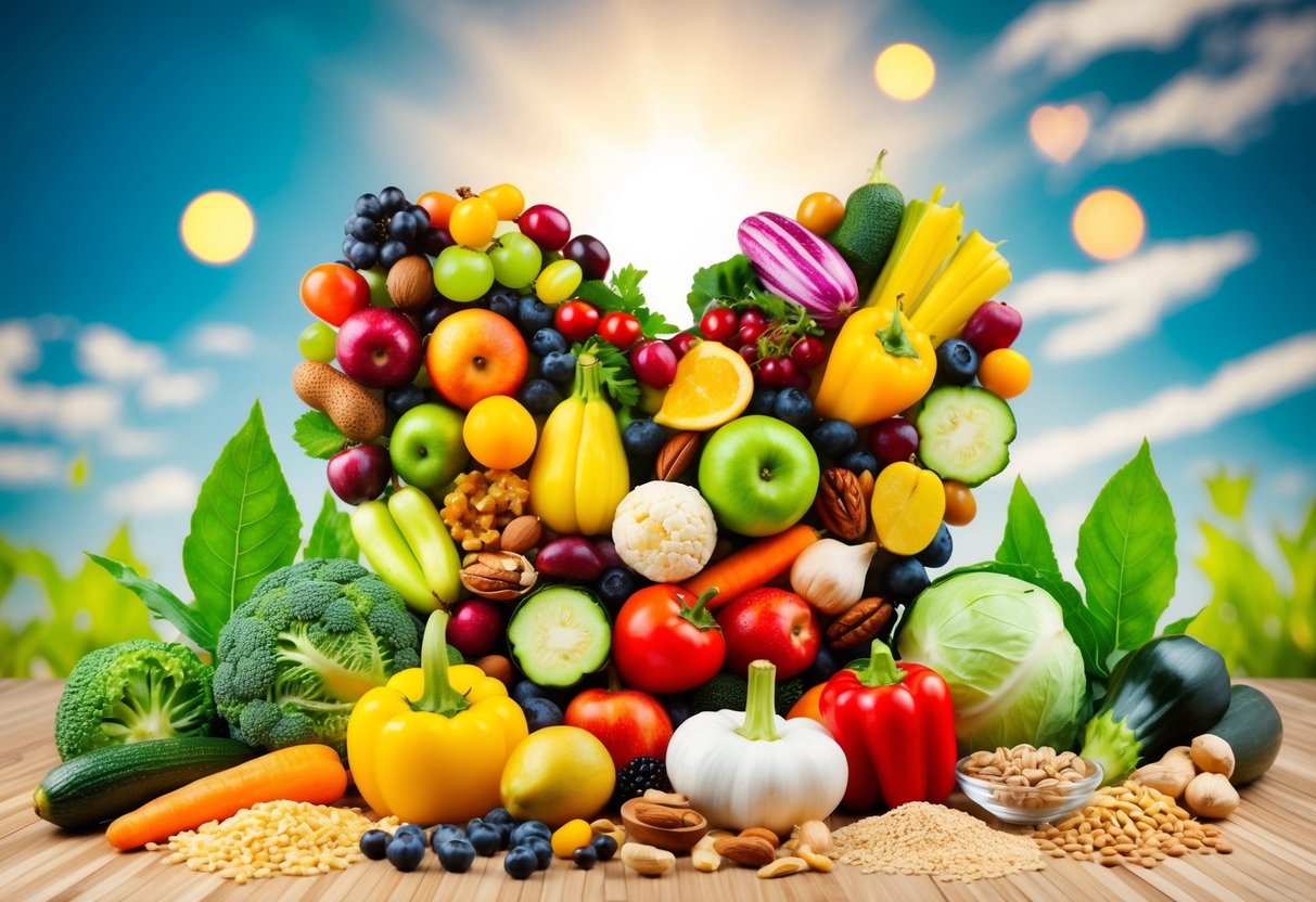 A vibrant array of colorful fruits, vegetables, nuts, and grains arranged in a heart shape, surrounded by green leafy plants and a glowing sun