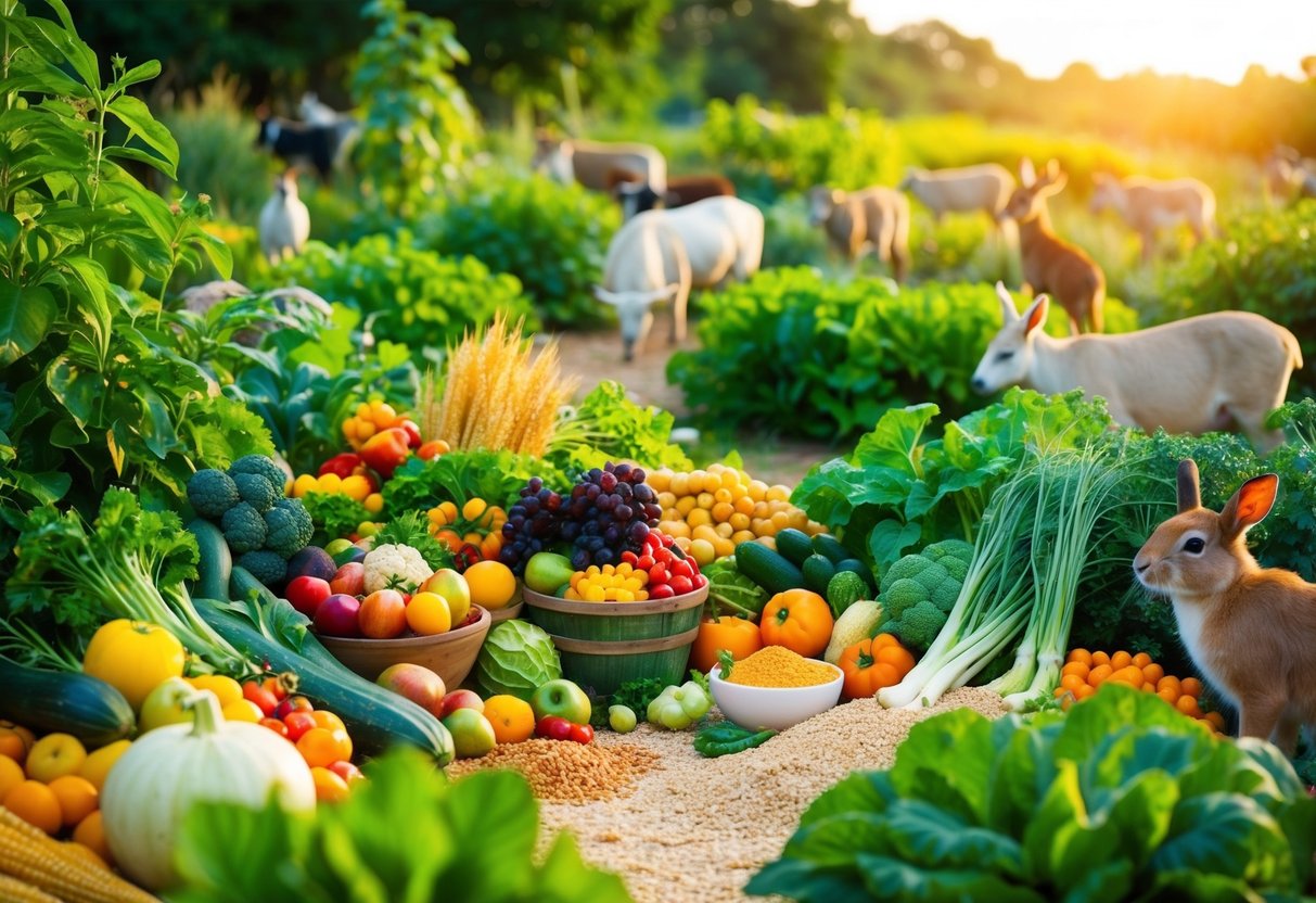 A lush garden bursting with vibrant fruits, vegetables, and grains, surrounded by a diverse array of animals thriving in their natural habitat