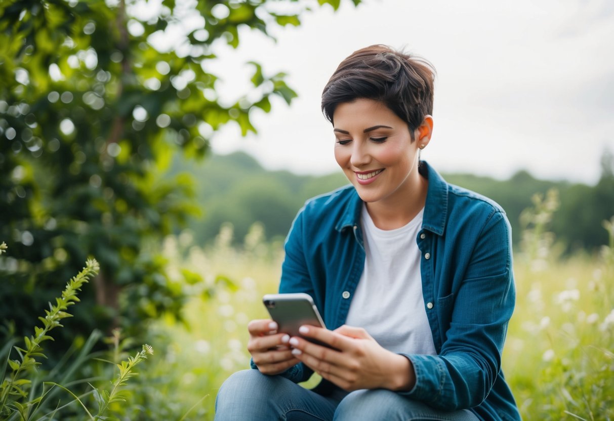 A person sitting in a peaceful environment, surrounded by greenery and natural elements, with a content expression while engaging with social media on a digital device