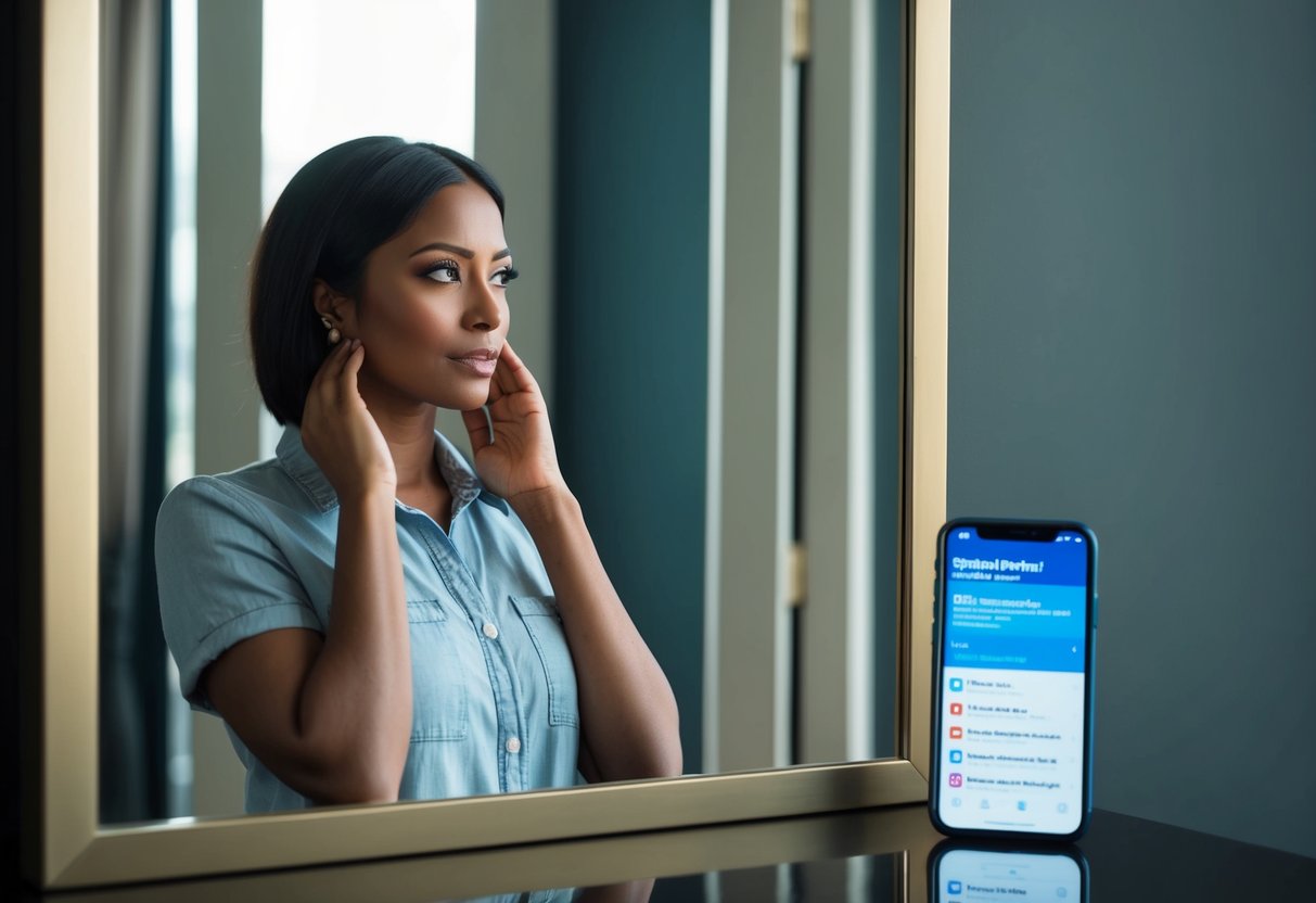 A person standing in front of a mirror, looking at their reflection with a mix of confidence and doubt. A smartphone displaying social media notifications sits nearby