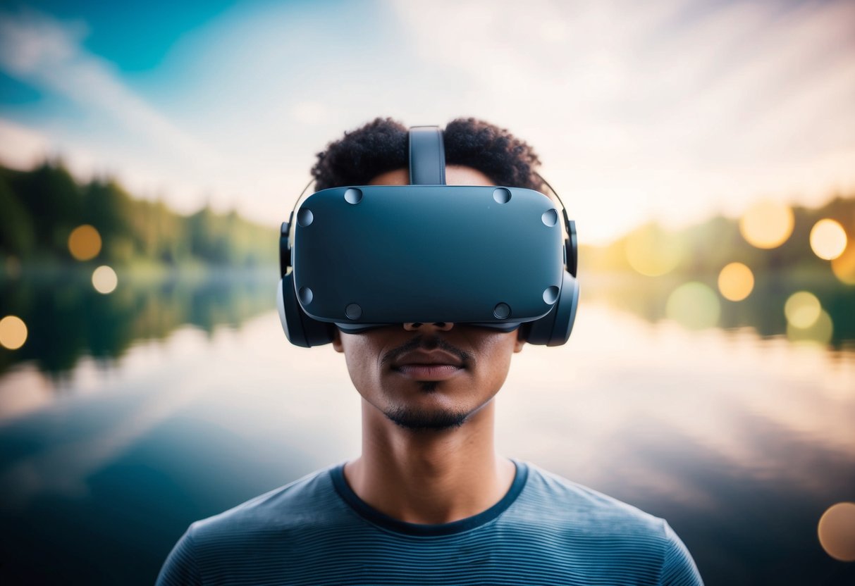 A person wearing a VR headset, immersed in a serene virtual environment, surrounded by calming nature and soothing colors