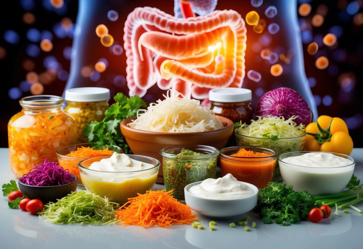 A colorful array of fermented foods like sauerkraut, kimchi, and yogurt, surrounded by vibrant probiotic bacteria, with a backdrop of a healthy digestive system