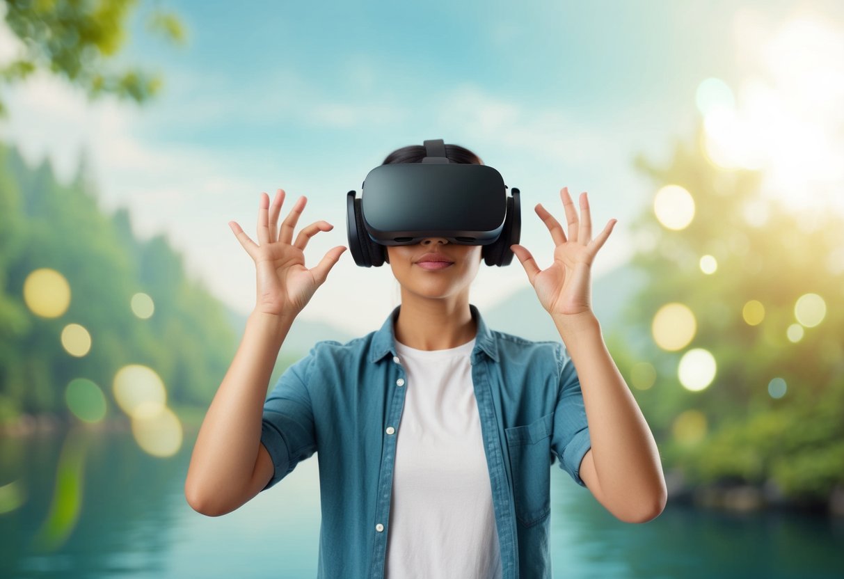 A person wearing a VR headset in a serene virtual environment, surrounded by calming nature scenes and soothing sounds