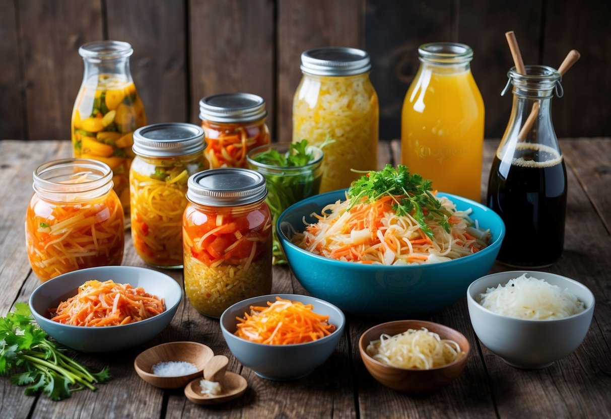 A colorful array of fermented foods, such as kimchi, sauerkraut, and kombucha, are displayed on a rustic wooden table. Bubbling jars and bowls showcase the natural probiotic properties of these traditional foods