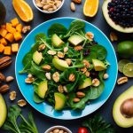 A colorful plate filled with leafy greens, nuts, avocado, and lean protein, surrounded by vibrant fruits and vegetables