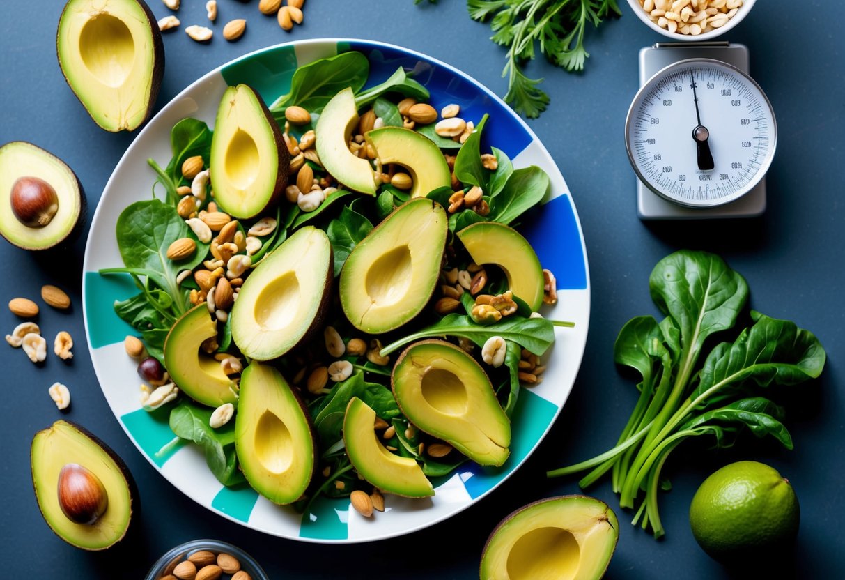 A colorful plate filled with low-carb, high-fat foods like avocados, nuts, and leafy greens, surrounded by fresh ingredients and a measuring scale