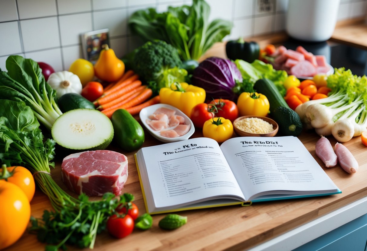 A colorful array of fresh vegetables, lean meats, and healthy fats arranged on a kitchen counter, with a book titled "The Keto Diet" open to a page with a list of recommended foods