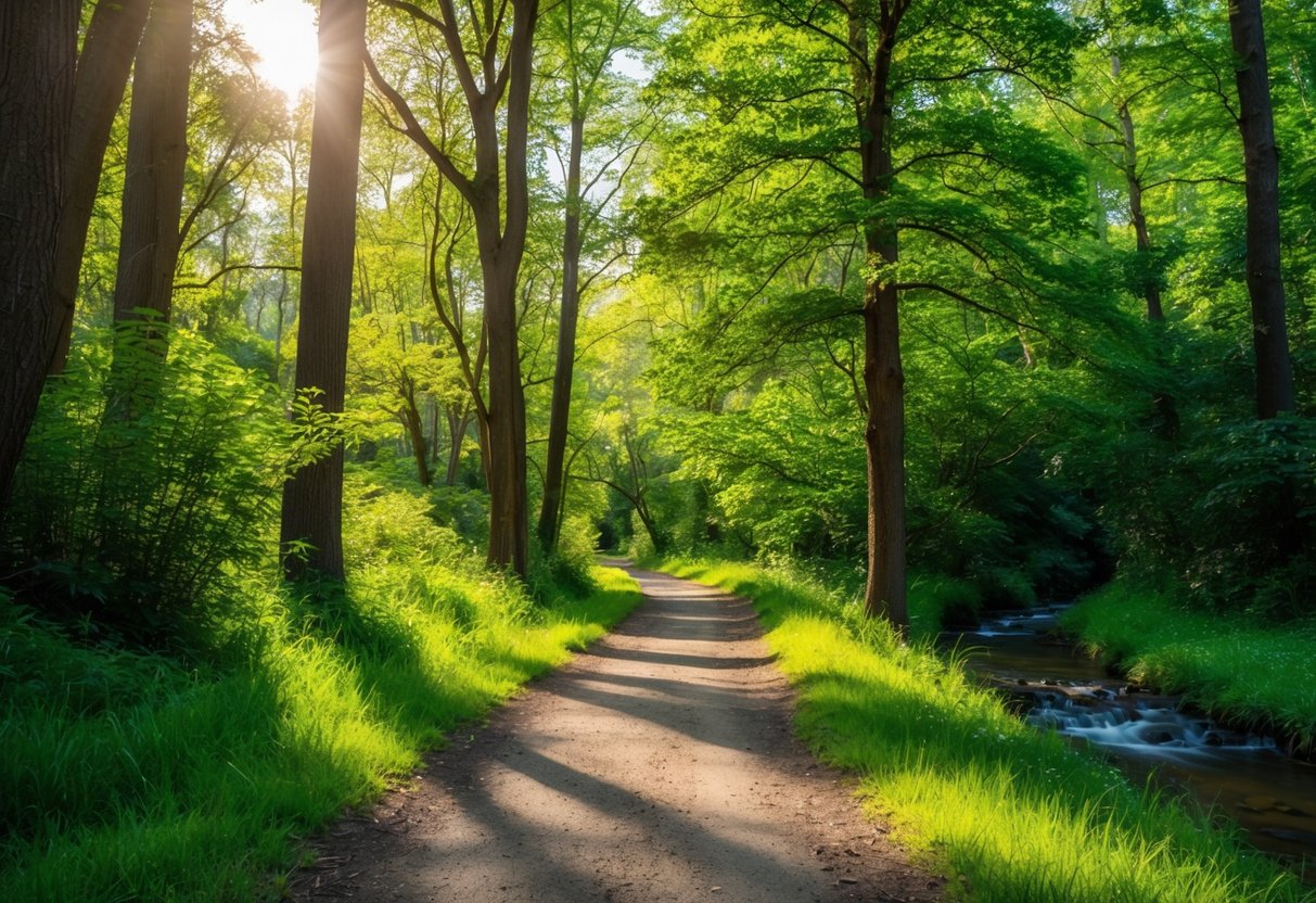 A serene forest path with dappled sunlight, surrounded by tall trees and lush greenery, with a peaceful stream flowing alongside the trail
