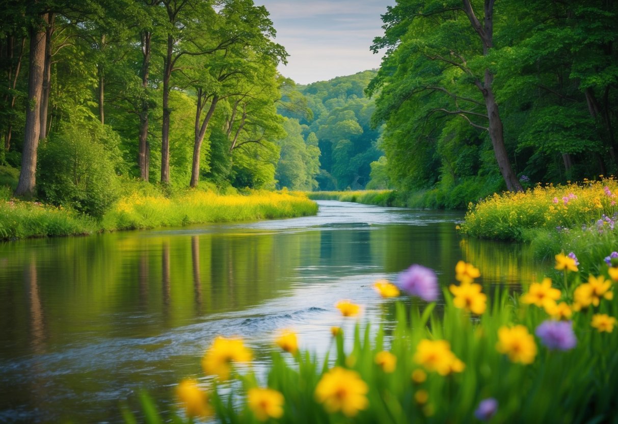 A serene landscape with a calm river flowing through a lush forest, surrounded by vibrant greenery and colorful flowers, evoking a sense of peace and tranquility