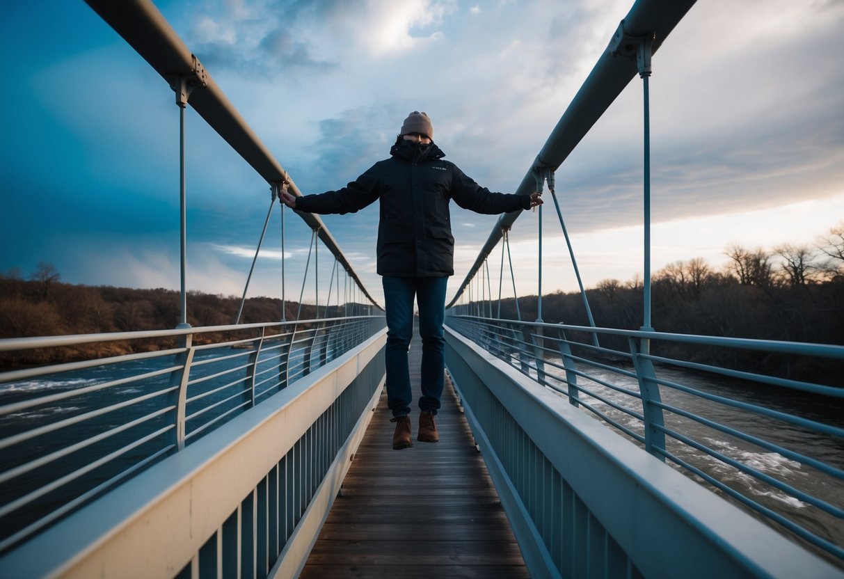 A person standing on a bridge, with one foot on each side of a flowing river, surrounded by changing weather and landscapes