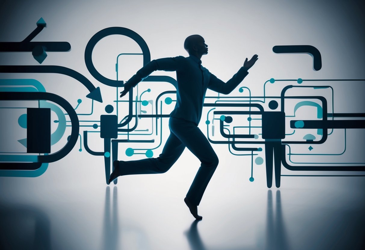 A group of abstract shapes and lines intertwining and connecting, symbolizing effective communication and collaboration. A figure gracefully maneuvering through a maze of emotions, representing emotional agility