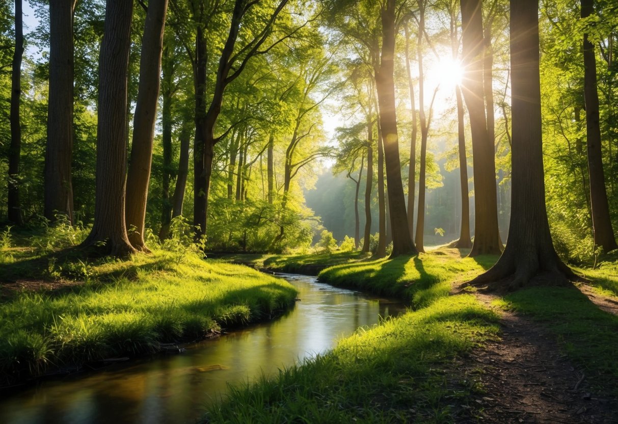 A serene forest with sunlight filtering through the trees, casting dappled shadows on a tranquil stream. Birdsong fills the air, creating a peaceful and calming atmosphere