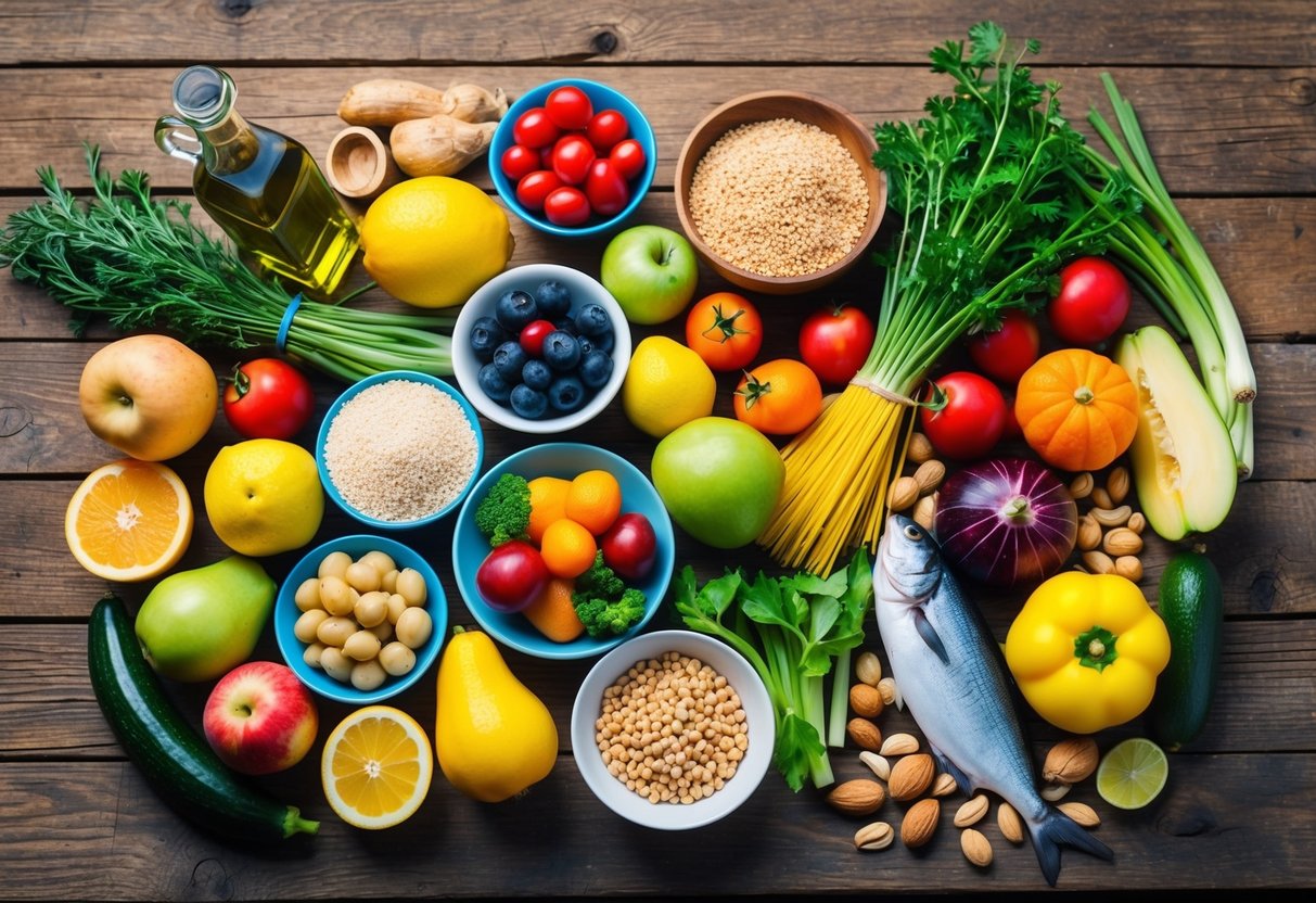 A colorful array of fresh fruits, vegetables, whole grains, olive oil, nuts, and fish arranged on a rustic wooden table