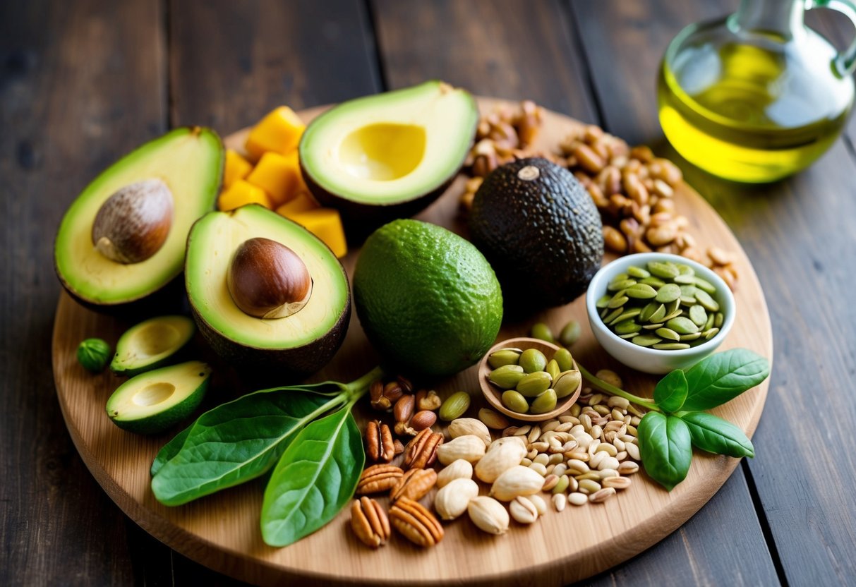 A colorful array of plant-based foods, including avocados, nuts, seeds, and olive oil, arranged on a wooden cutting board