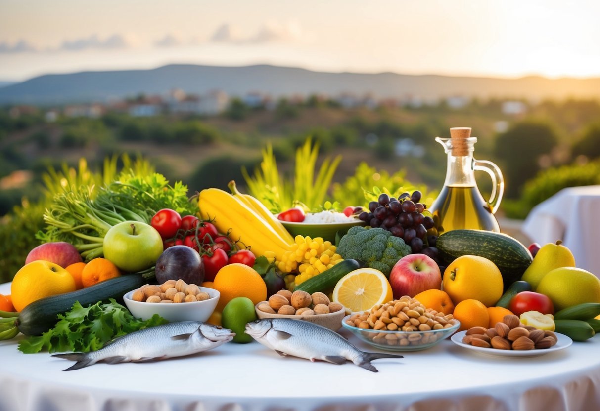 A table set with an assortment of colorful fruits, vegetables, nuts, olive oil, and fish, with a backdrop of a sunny Mediterranean landscape