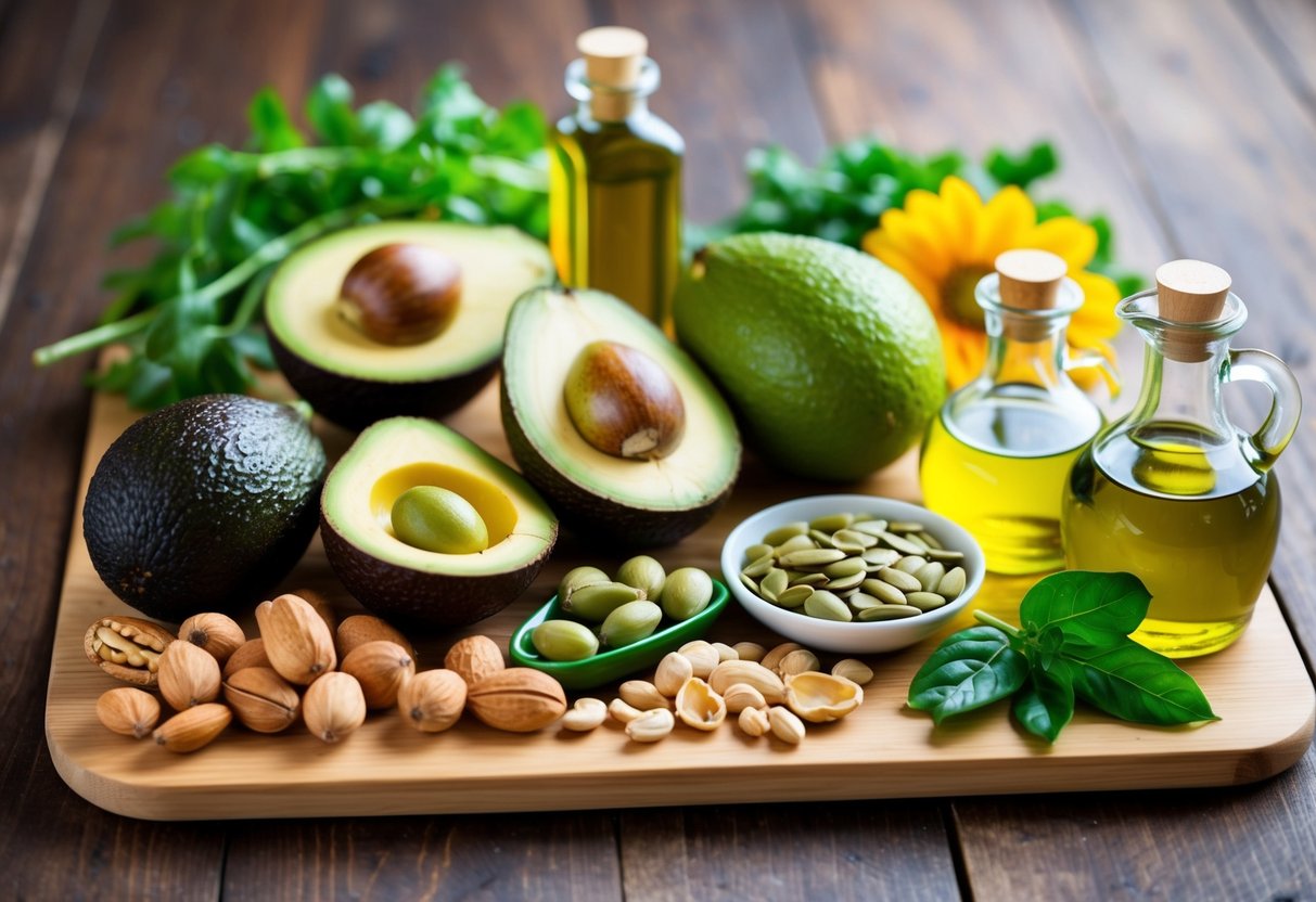 A colorful array of plant-based foods, including avocados, nuts, seeds, and olive oil, arranged on a wooden cutting board