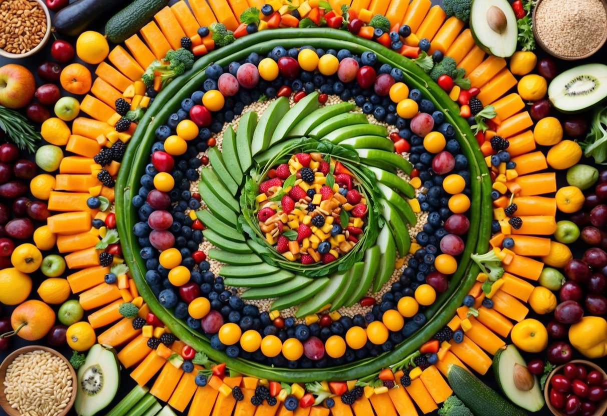 A vibrant assortment of fruits, vegetables, and whole grains arranged in a dynamic, swirling pattern, radiating energy and vitality