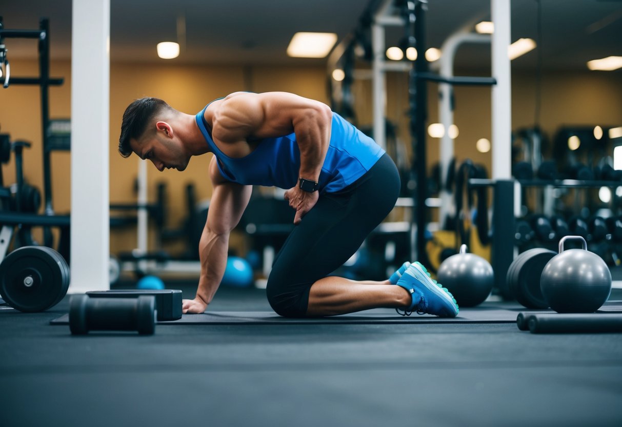 A person stretching in a gym, surrounded by various equipment and tools for stretching and flexibility training