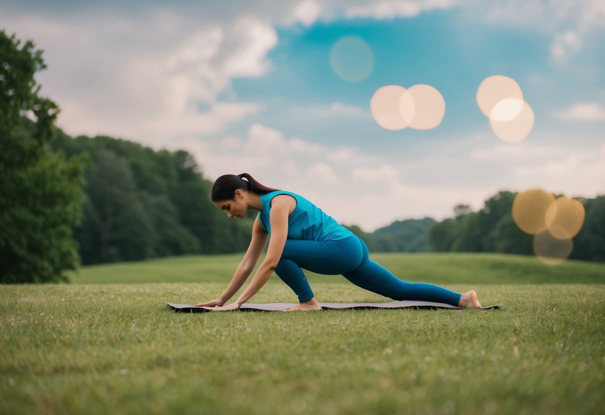 A serene landscape with a figure engaging in both physical activity and rest, surrounded by nature and balanced elements
