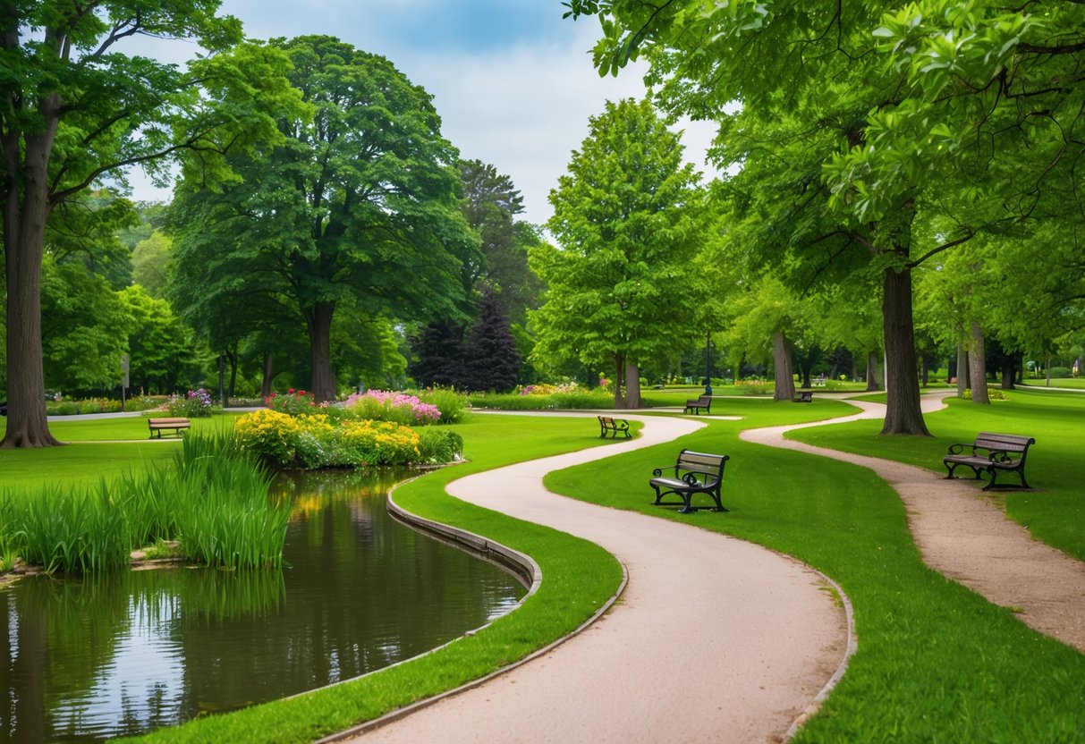 A serene park with a winding trail through lush greenery, dotted with benches and a peaceful pond, surrounded by tall trees and vibrant flowers