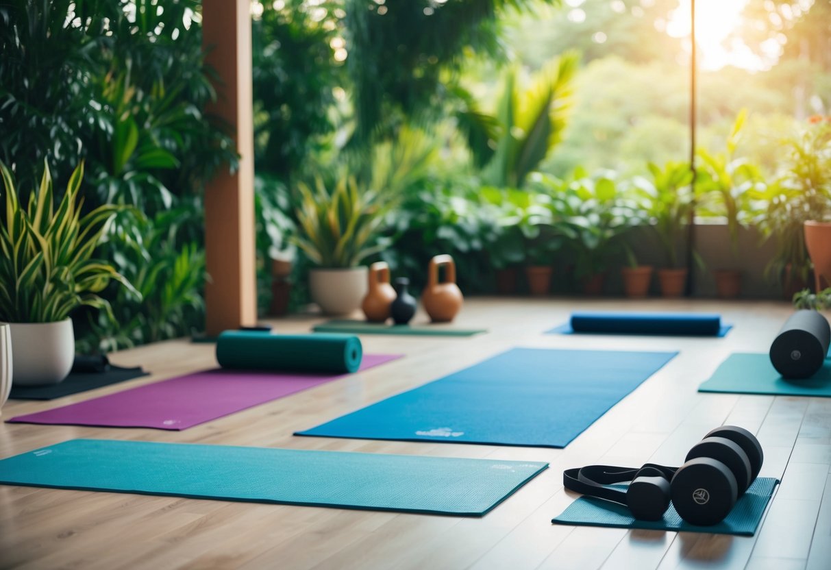 A serene yoga studio with mats and props, surrounded by lush greenery and natural light. A separate area holds weights and resistance bands for strength training