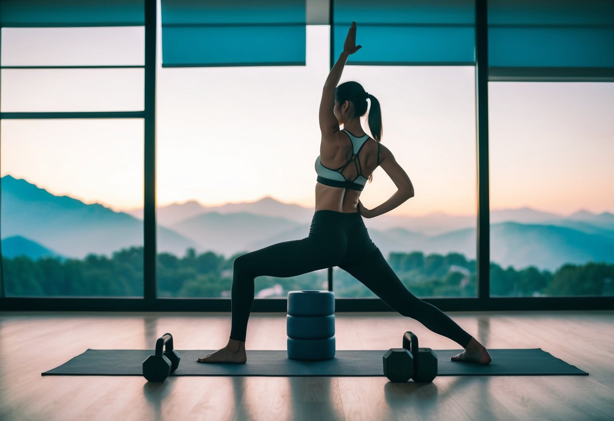 A serene yoga studio with a backdrop of mountains, where a figure is performing yoga poses alongside weights and resistance bands